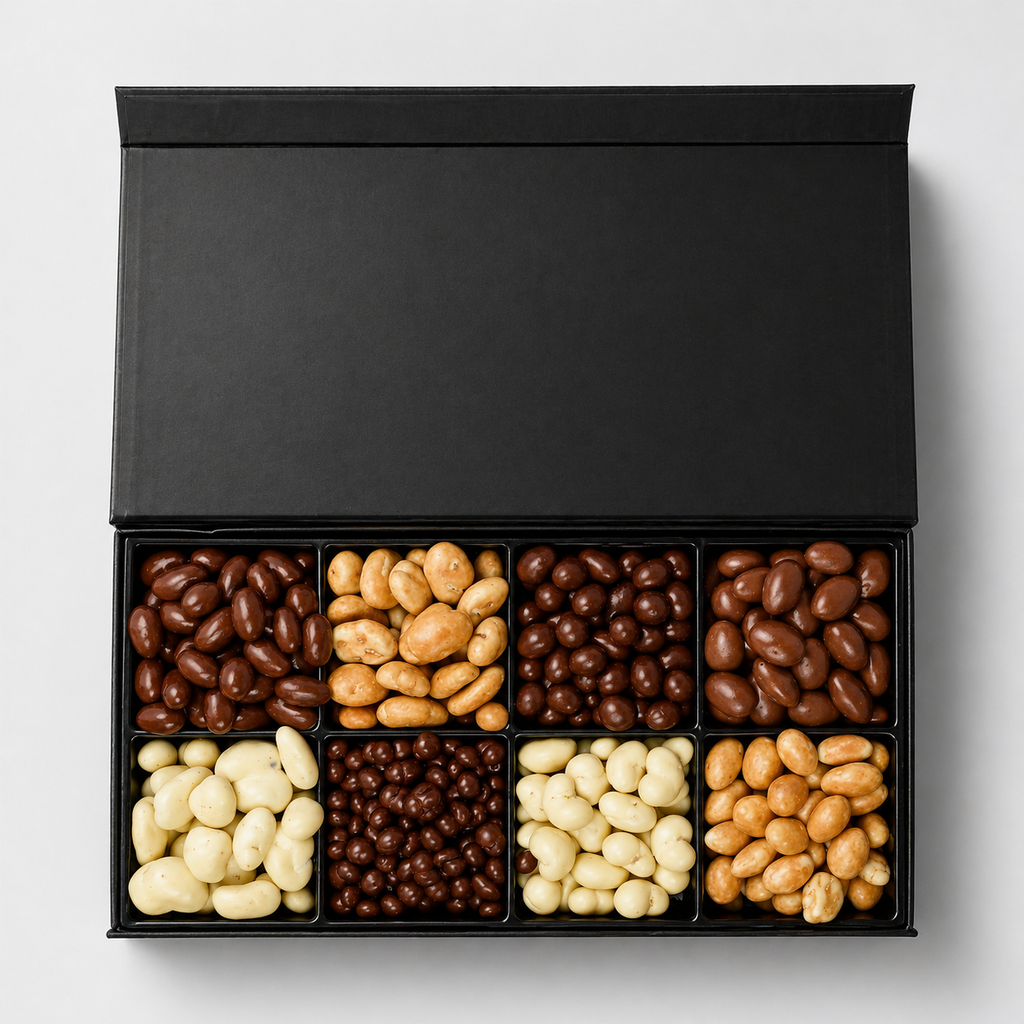 Luxury Chocolate Covered Nuts Gift Box - 8 Gourmet Selections Black Edition