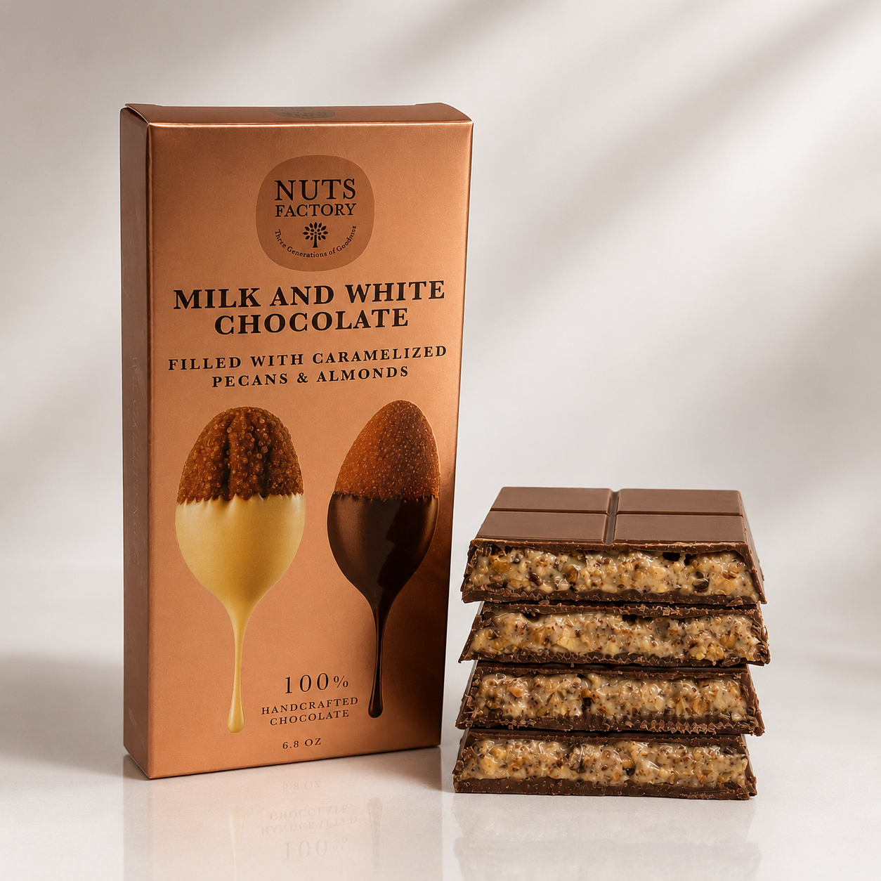 Dubai Milk & White Chocolate with Caramelized Pecans & Almonds